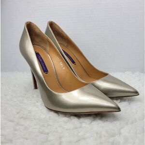 Ralph Lauren Purple Label Celia Pumps Size 8 Pointed Toe Patent Gold Leather